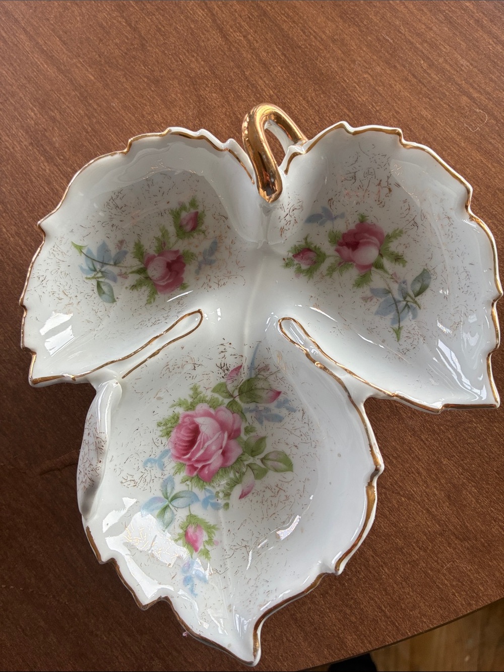 Vintage Floral Triple Dish - Pink Rose Porcelain with Gold Trim